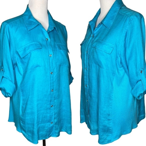 Calvin Klein Teal Blue 100% Linen Long Roll Tab Sleeve Button Up Shirt Size 1X - Picture 5 of 14